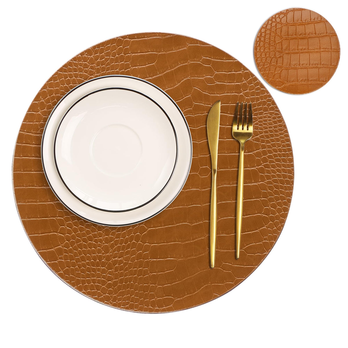 Round Leather Placemats for Round Tables Set of 4, Black Place Mats and Coasters, Washable Easy to Care for Indoor Decor 13" Diameter