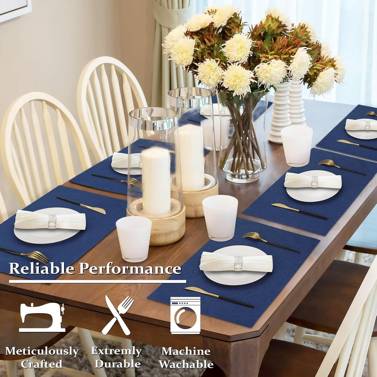 Cloth Placemats Set of 6, Cotton Linen Blend Place Mats, Navy Blue