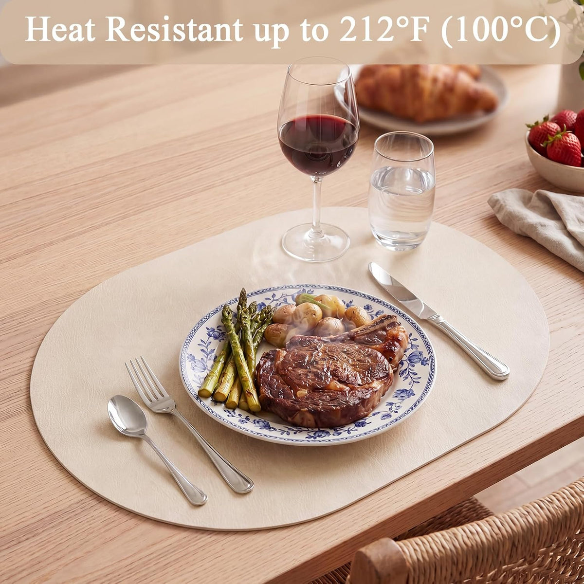 SHACOS Faux Leather Oval Placemats Set of 6 Heat Resistant, White Oak Beige