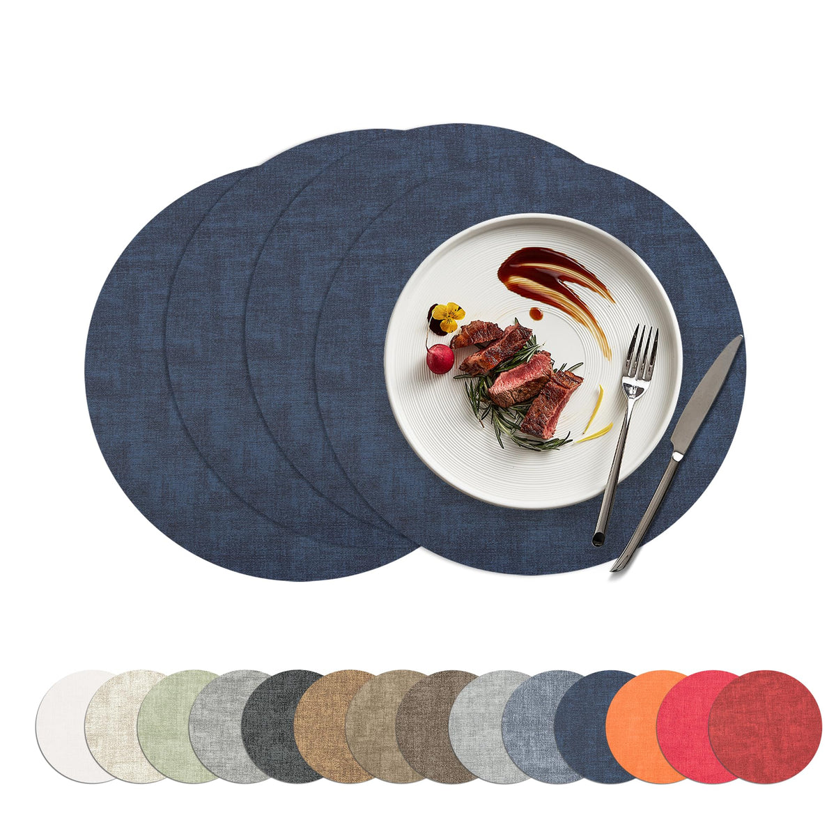 Placemats Set of 4, 15 Inch Round Faux Leather Place Mats