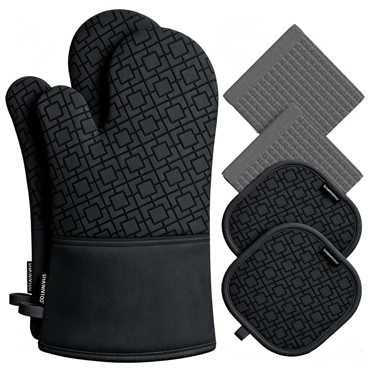 Oven Mitts and Pot Holders Sets 6pcs, Kitchen Oven Glove,High Heat Resistant 550 Degree Extra Long Oven Mitts and Potholders with Non-Slip Silicone Surface for Home Essentials (Grey) (Gray)