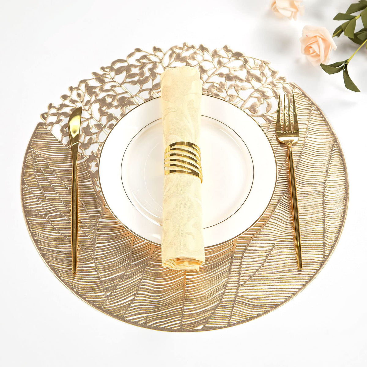 Gold Leaf Placemats Set of 8 Metallic Round Table Placemats
