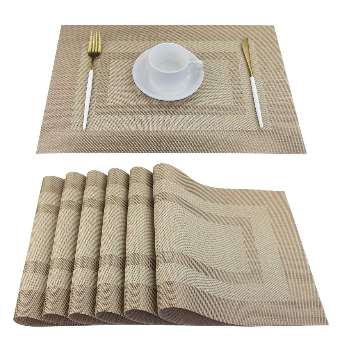 PIGCHCY Placemats,Washable Vinyl Woven Table Mats,Elegant Durable Placemats for Dining Table Set of 6 (Bamboo-Brown)