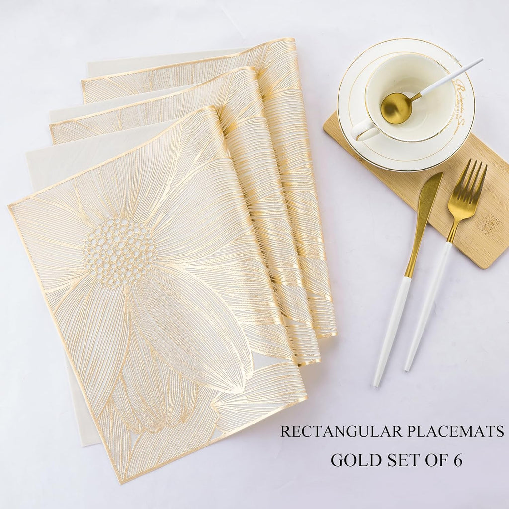 Gold Rectangle Placemats Set of 6 Daisy Vinyl Place Mats for Dining Tables