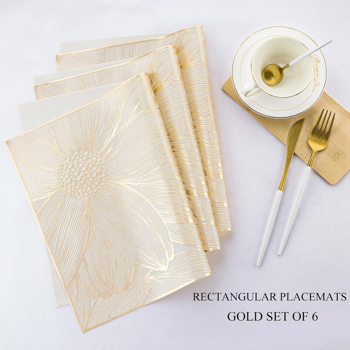 Gold Rectangle Placemats Set of 6 Daisy Vinyl Place Mats for Dining Tables