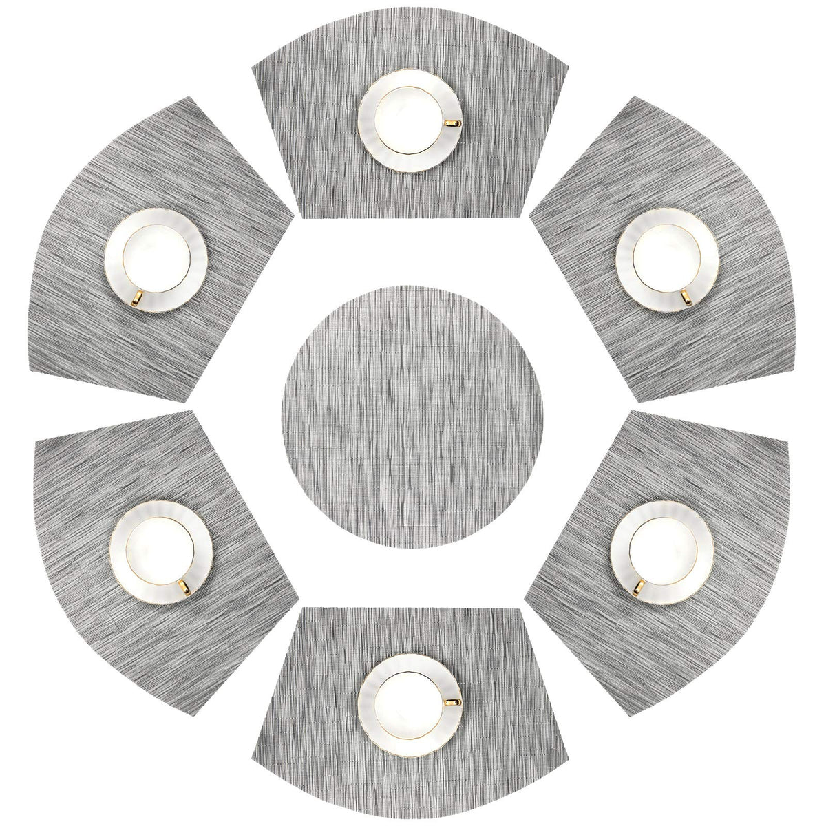 SHACOS Small Round Table Placemats Set of 5 Woven Vinyl Wedge Placemats with Centerpiece Round Table Mats Heat Resistant Wipe Clean (5, Black Gray)