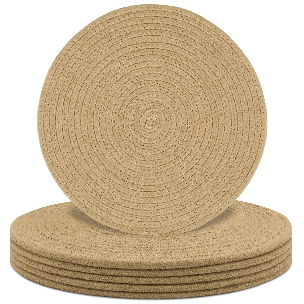 Round Placemats Set of 6, Cotton Rope Woven Table Mats, Hot Pads for Kitchen, Non Slip Heat Resistant Place Mats, 13 Inches Braided Placemat for Farmhouse Decor and Kitchen Table Decor (Brown)