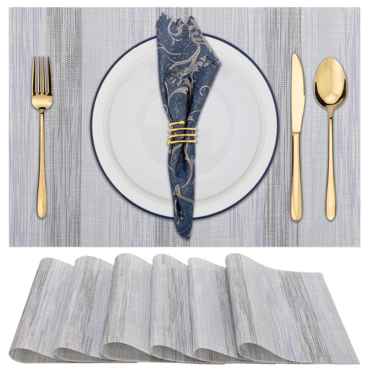 Winknowl Placemats Set of 8, Heat Resistant Non-Slip Vinyl Woven Table Mats for Dining Table, Washable Durable Elegant Place Mats for Kitchen Indoor/Outdoor Use (Beige Blue)