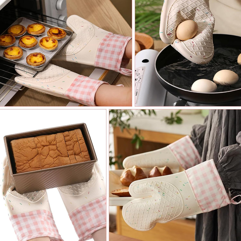 Wanheart Heat Resistant Silicone Oven Mitts, Pink Cooking Gloves, 2 Pack