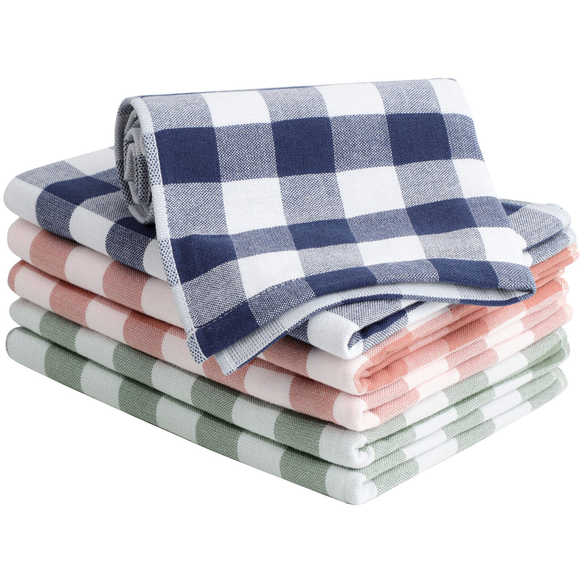 PiccoCasa 100% Cotton Drying Dish Towels Set of 6, Plaid 13x29 Green White