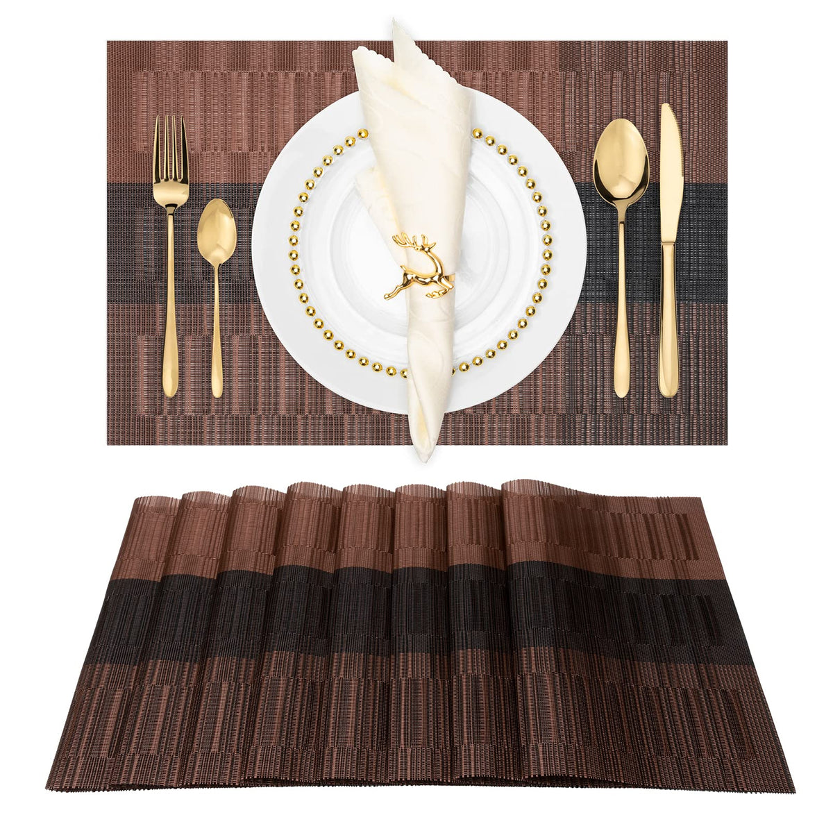 Winknowl Placemats Set of 8, Heat Resistant Non-Slip Vinyl Woven Table Mats for Dining Table, Washable Durable Elegant Place Mats for Kitchen Indoor/Outdoor Use (Beige Blue)