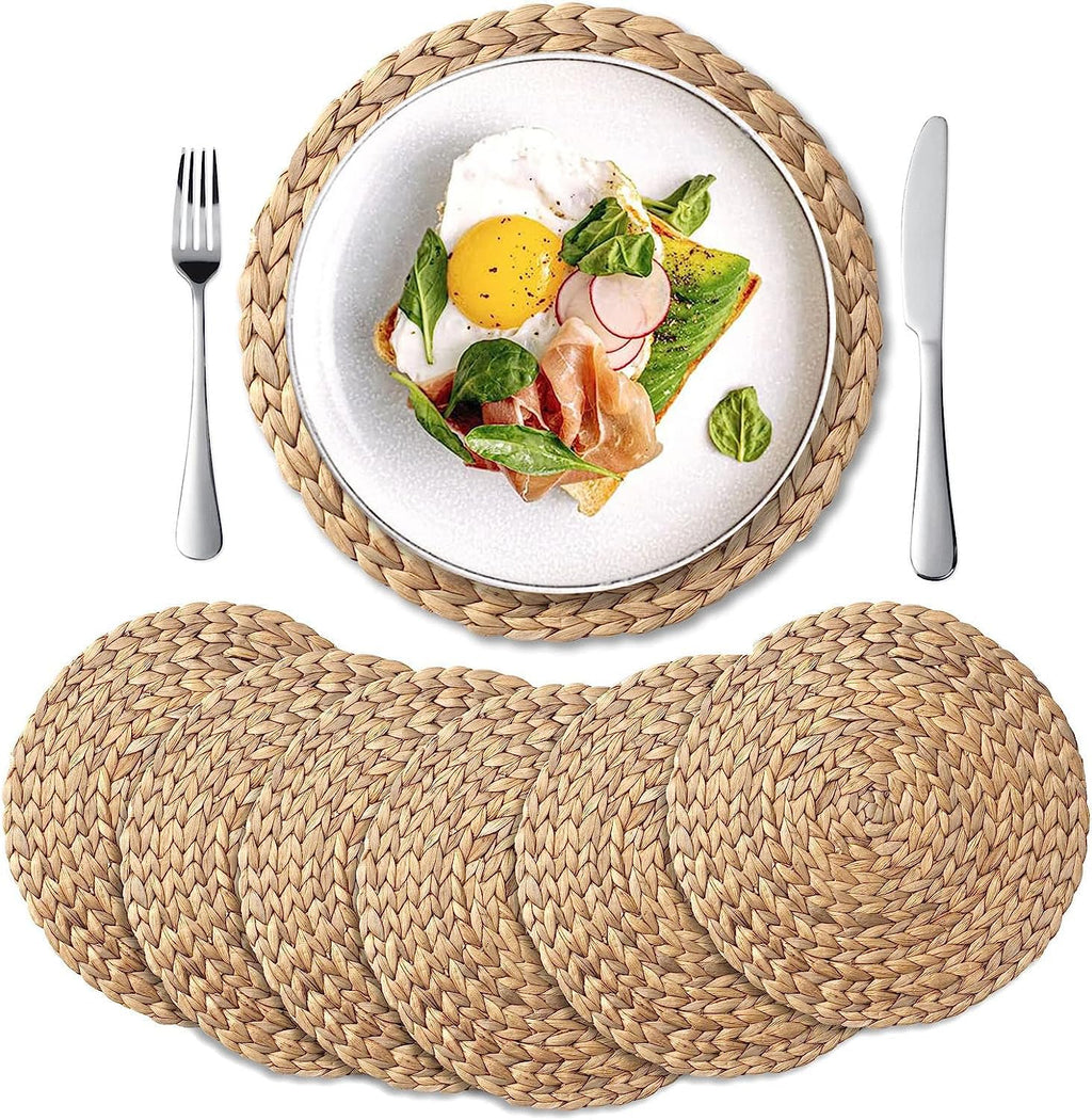 6 Pack, Round Woven Placemats, Natural Water Hyacinth Wicker Place mats, Braided Straw Table Mats, Charger Plates for Dining Table, Fall, Thanksgiving, Christmas (13.8 inch)