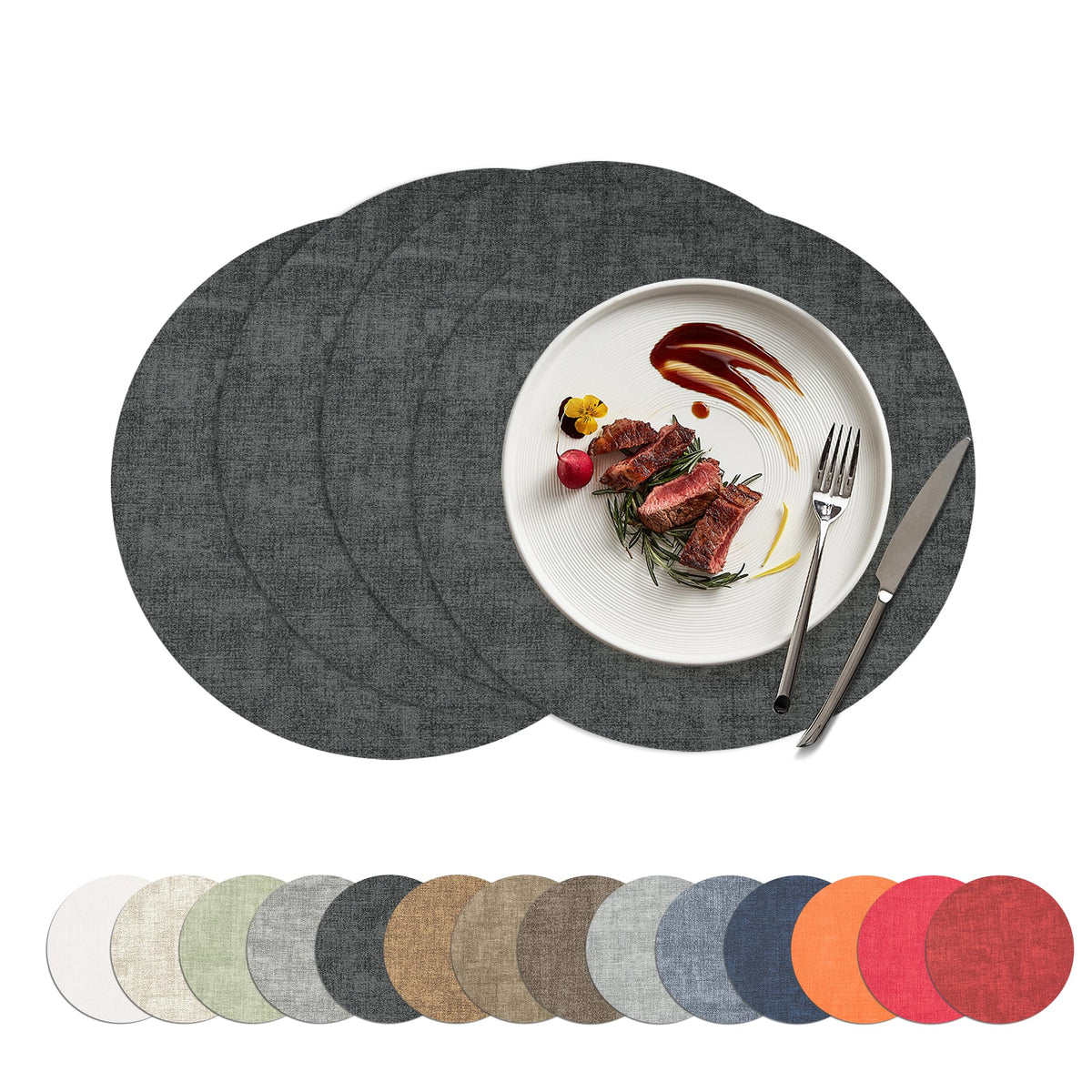 Placemats Set of 4, 15 Inch Round Faux Leather Place Mats