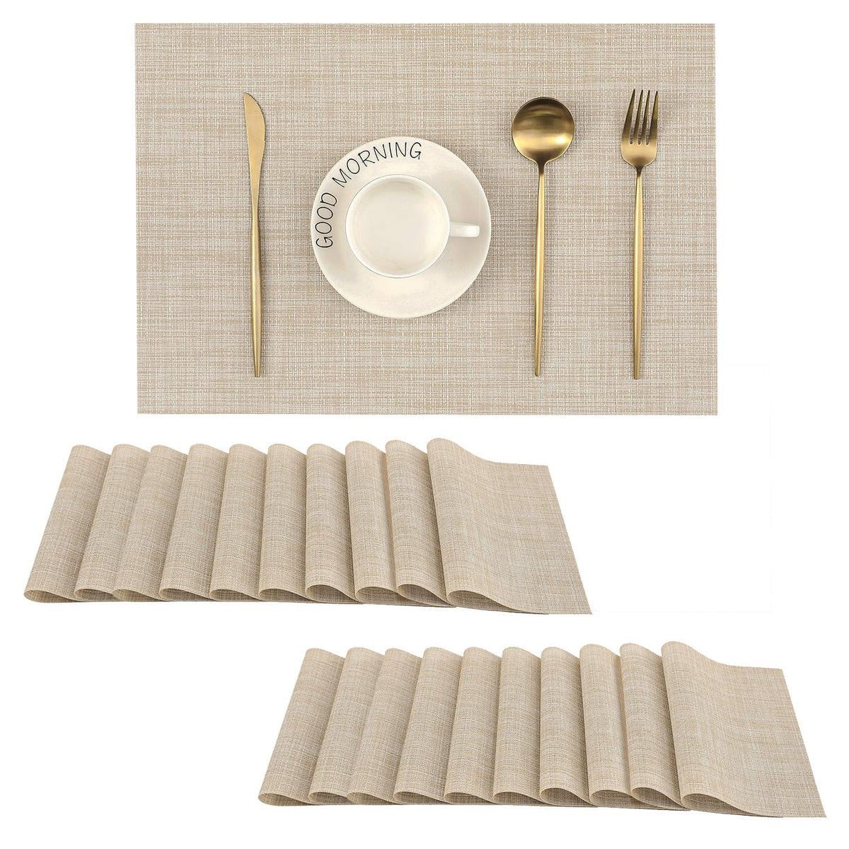 Beige Placemats Set of 6 - Heat-Resistant, Non-Slip Table Mats, Washable Woven Vinyl for Indoor & Outdoor Dining