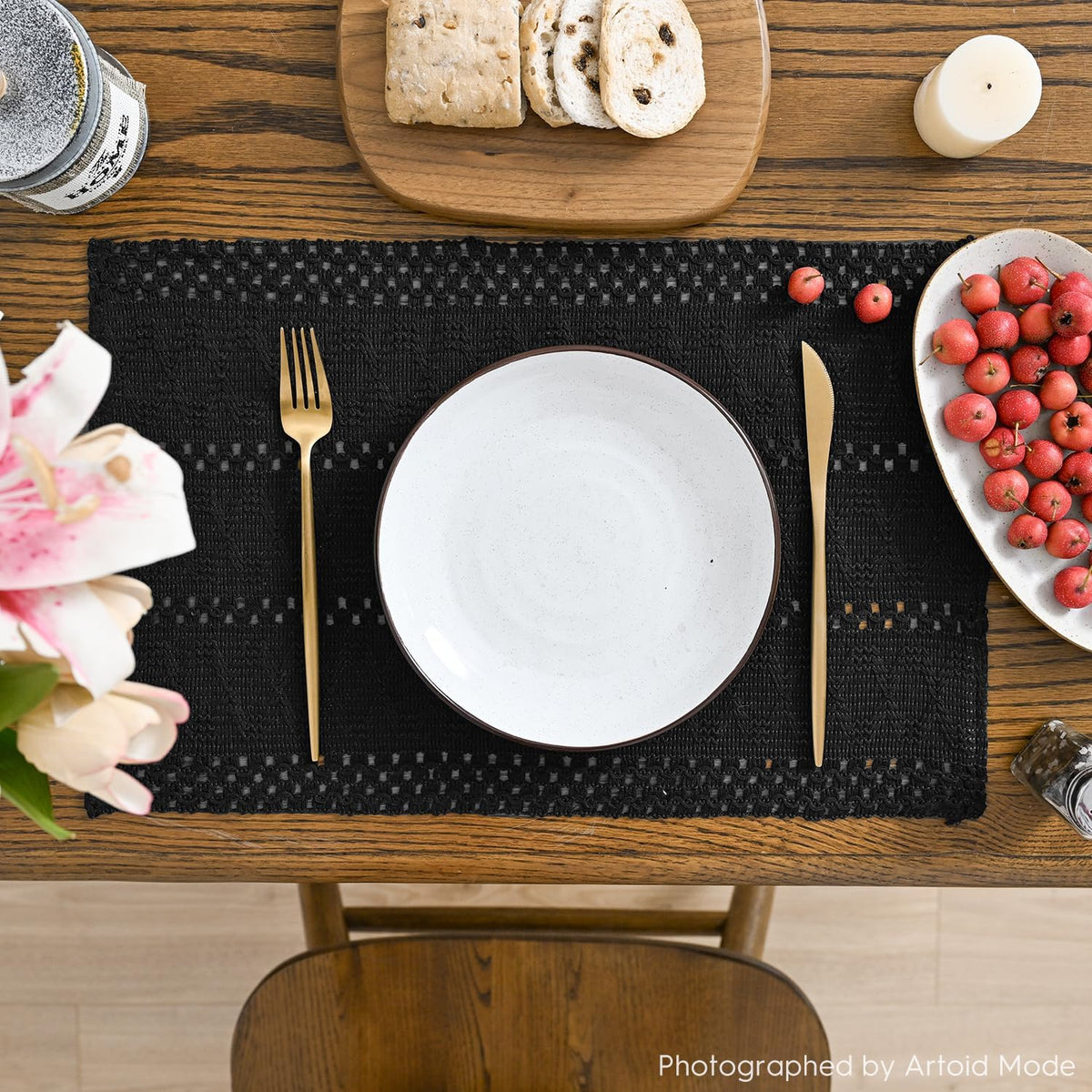 Artoid Mode Black Woven Rustic Hollow Placemats Set of 4-12x18 Inch