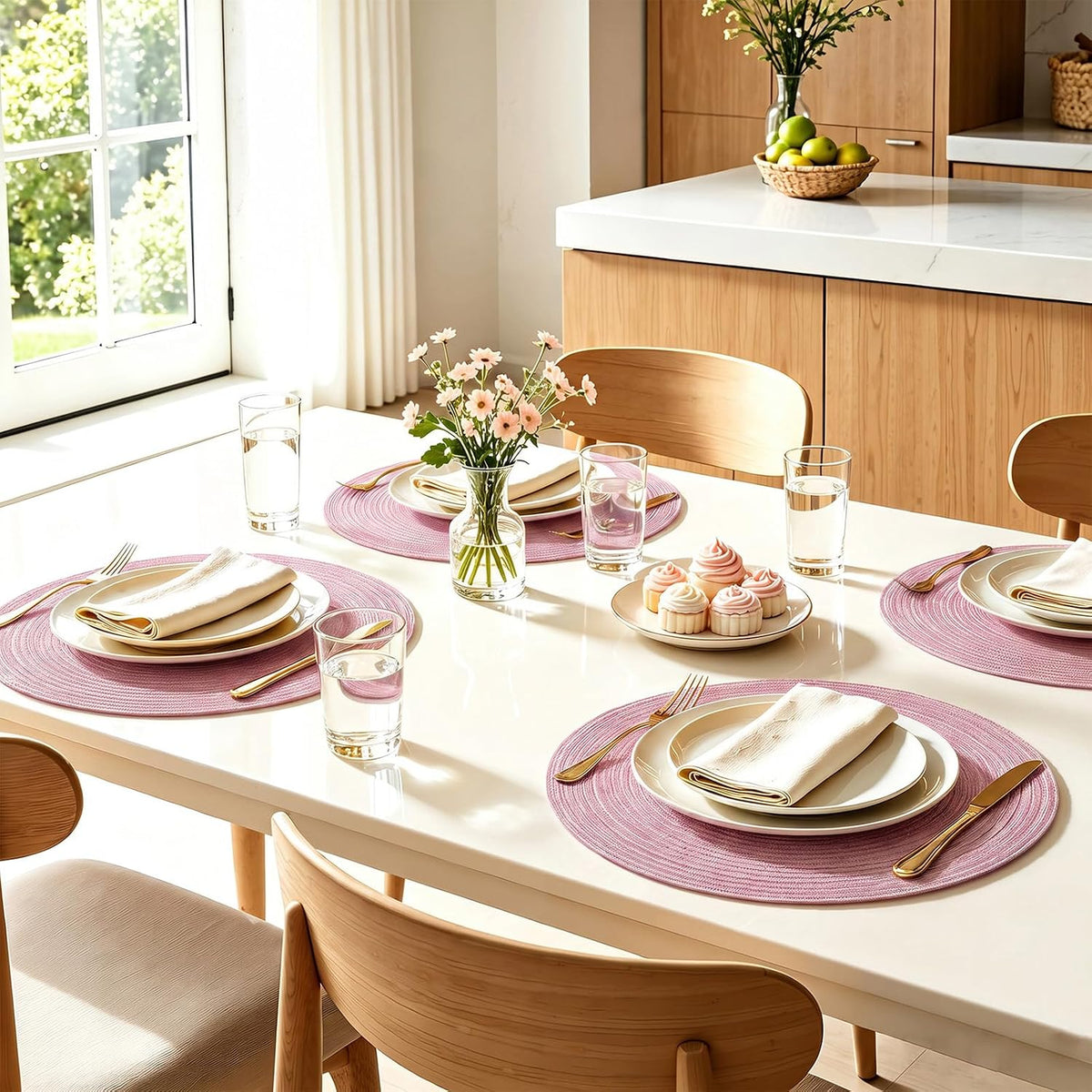 Topotdor Round Placemats Set of 6,Washable Woven Table Mats,Pink