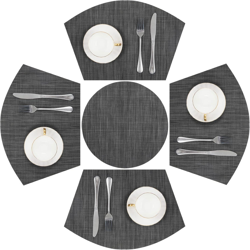 SHACOS Small Round Table Placemats Set of 5 Woven Vinyl Wedge Placemats with Centerpiece Round Table Mats Heat Resistant Wipe Clean (5, Black Gray)