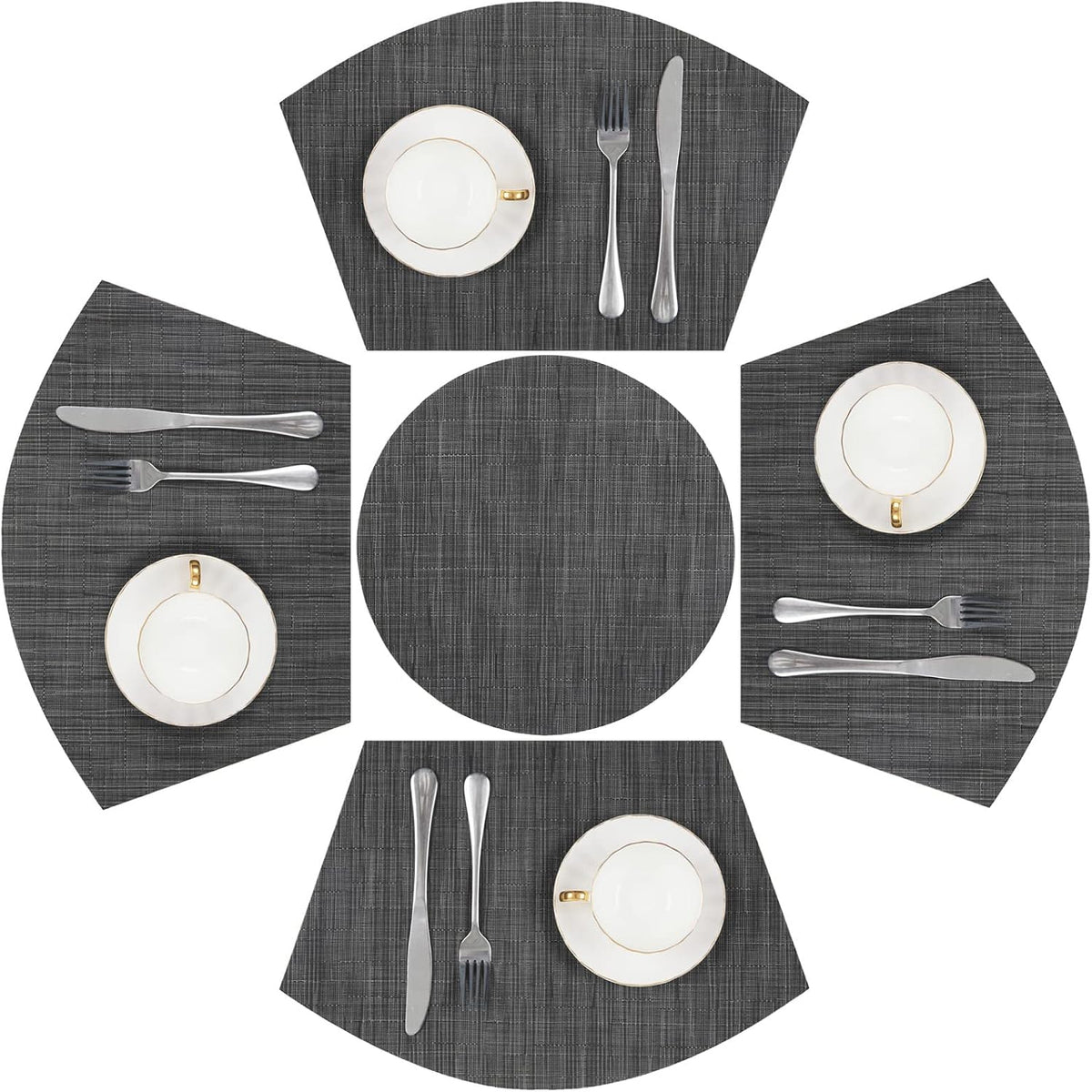 SHACOS Small Round Table Placemats Set of 5 Woven Vinyl Wedge Placemats with Centerpiece Round Table Mats Heat Resistant Wipe Clean (5, Black Gray)