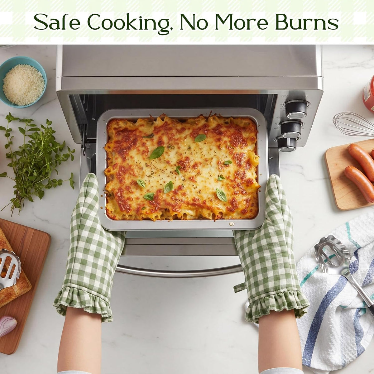 Twistover Ruffle Gingham Oven Mitts 2-Pack Set, Sage Green, 7"x13"