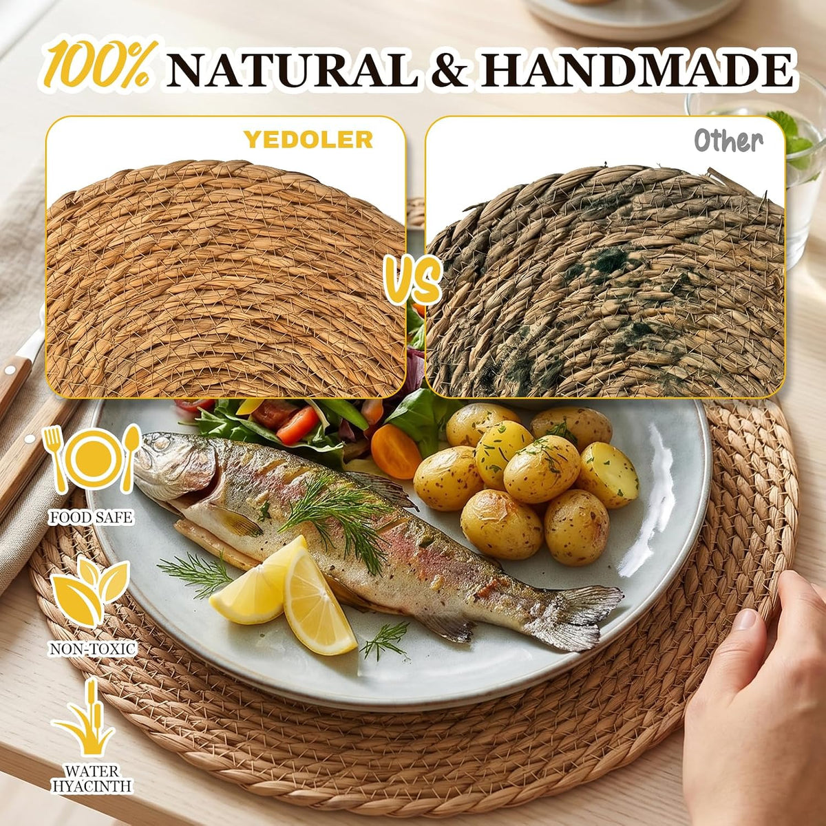 12 Pcs Round Woven Placemats - Yedoler 13 in Farmhouse Boho Straw Heat Resistant Outdoor Patio Rattan Wicker Table Mats, Natural Water Hyacinth Place Mats Coasters for Dining Table,Home,Wedding
