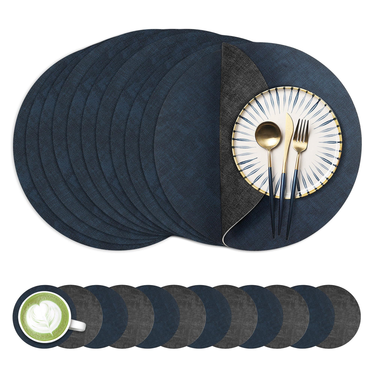 Fyvva Placemats Set of 4, 13" Round Reversible Faux Leather with Coasters