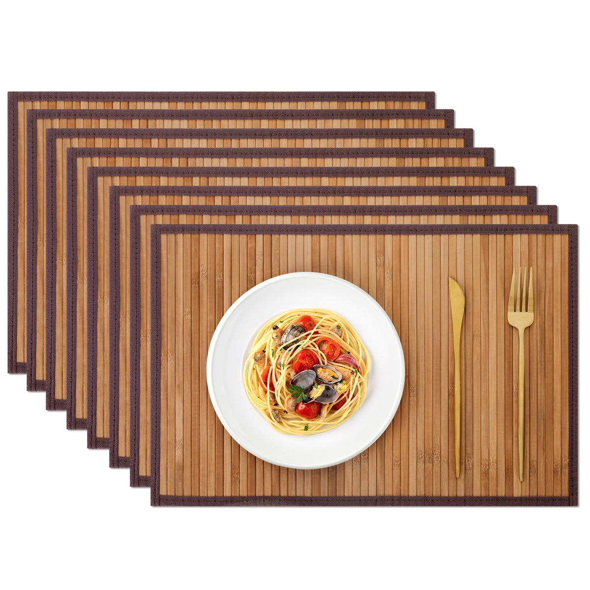 Bamboo Placemats Set of 4 with Fabric Border, Table Mats, Coffee