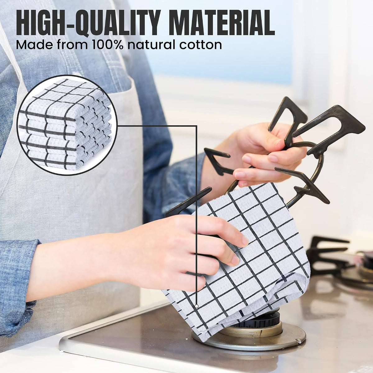 DecorRack Waffle Weave Kitchen Towels 15x25 in, Plaid, Gray (4 Pack)