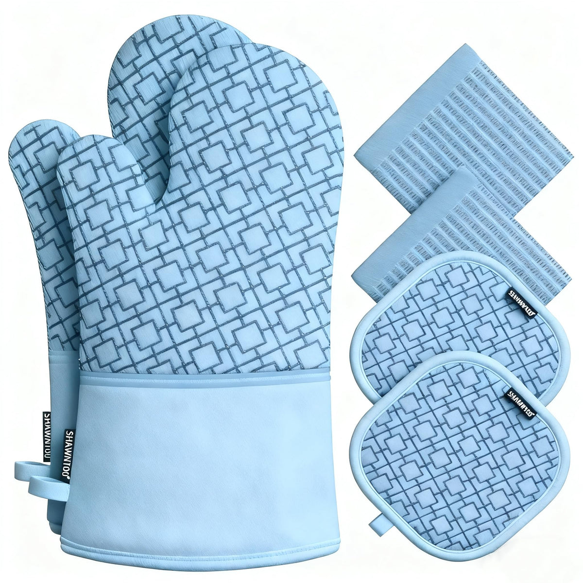 Oven Mitts and Pot Holders Sets 6pcs, Kitchen Oven Glove,High Heat Resistant 550 Degree Extra Long Oven Mitts and Potholders with Non-Slip Silicone Surface for Home Essentials (Grey) (Gray)
