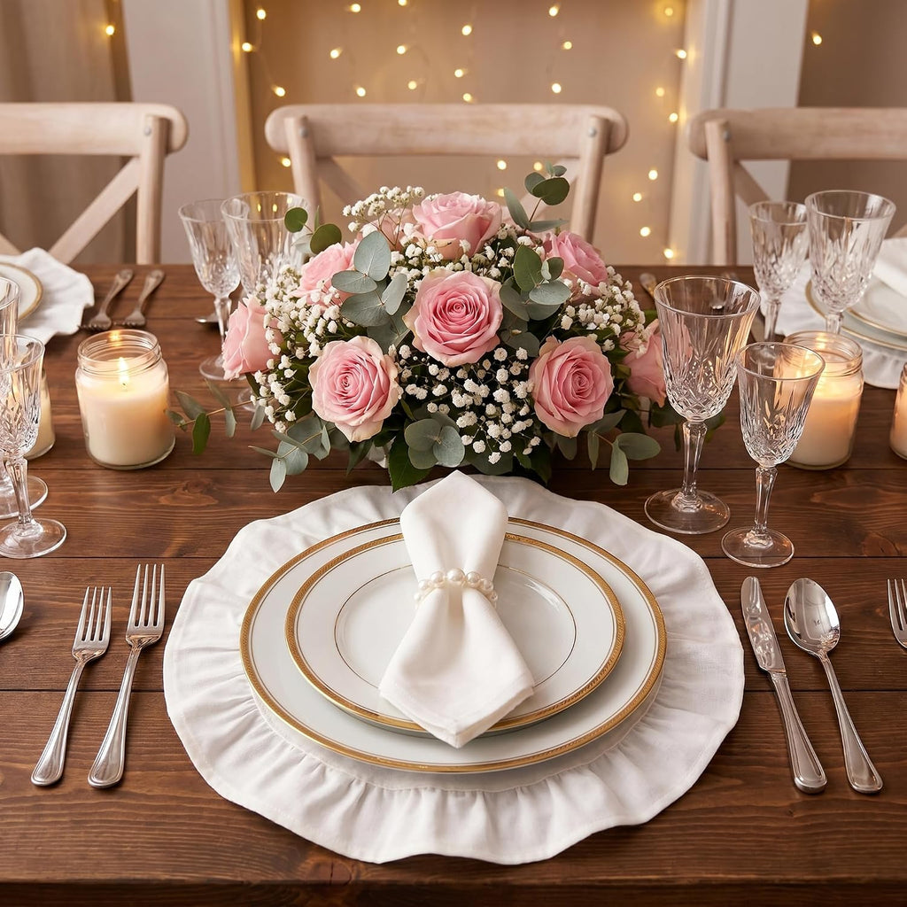 Round Ruffled Linen Blend Placemats, 15 Inch Scalloped Table Mats, Set of 4