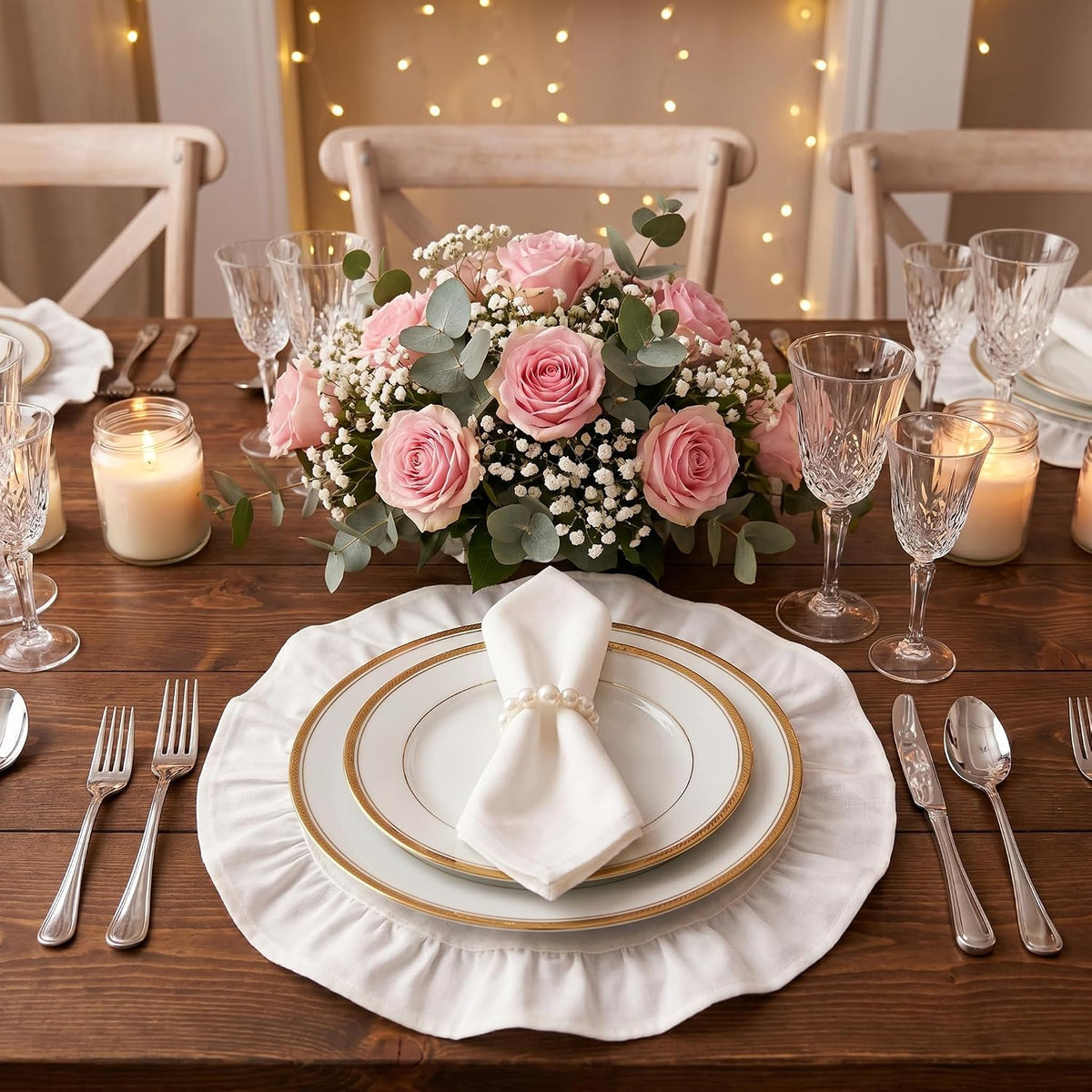 Round Ruffled Linen Blend Placemats, 15 Inch Scalloped Table Mats, Set of 4