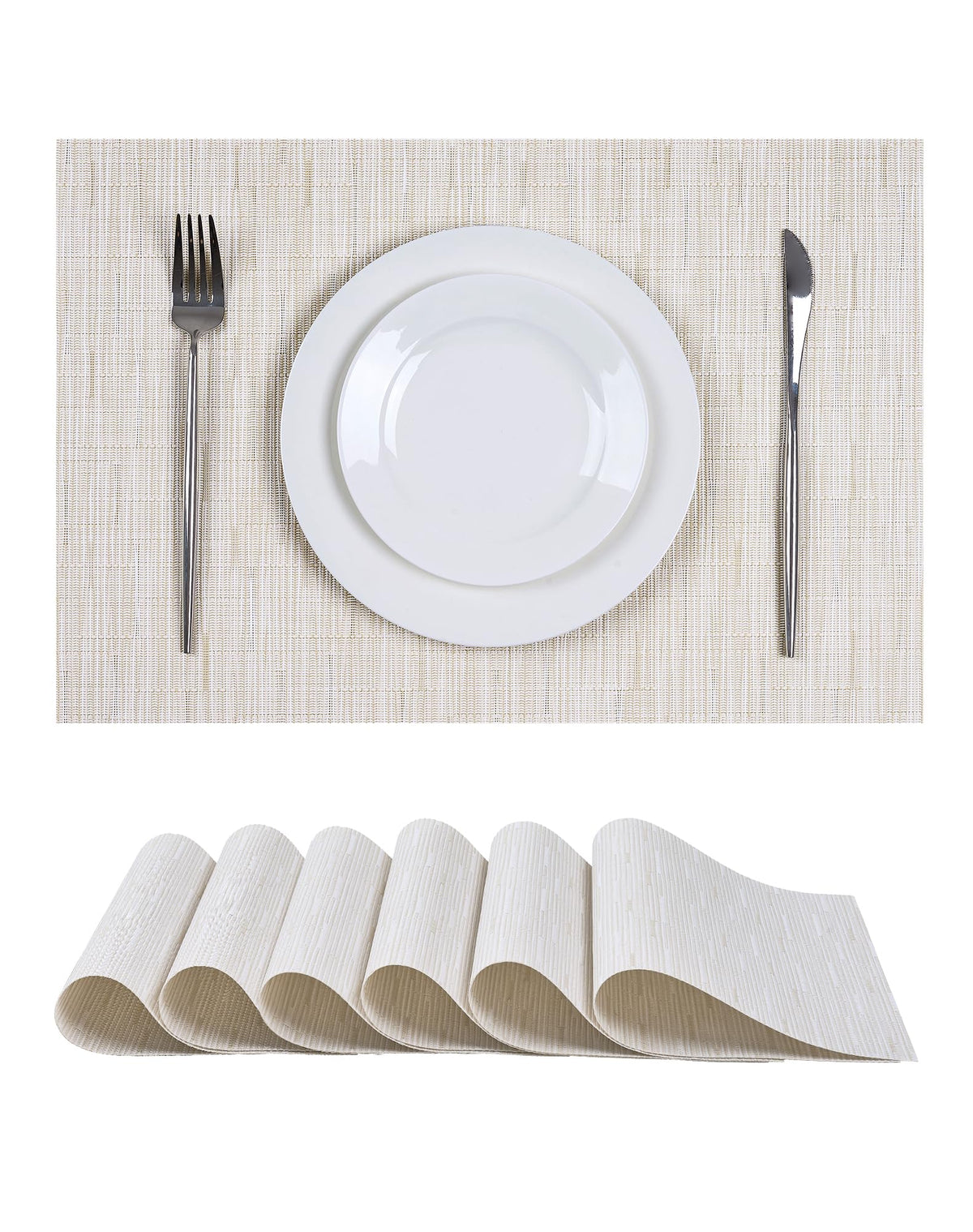Beige Placemats Set of 6 - Heat-Resistant, Non-Slip Table Mats, Washable Woven Vinyl for Indoor & Outdoor Dining