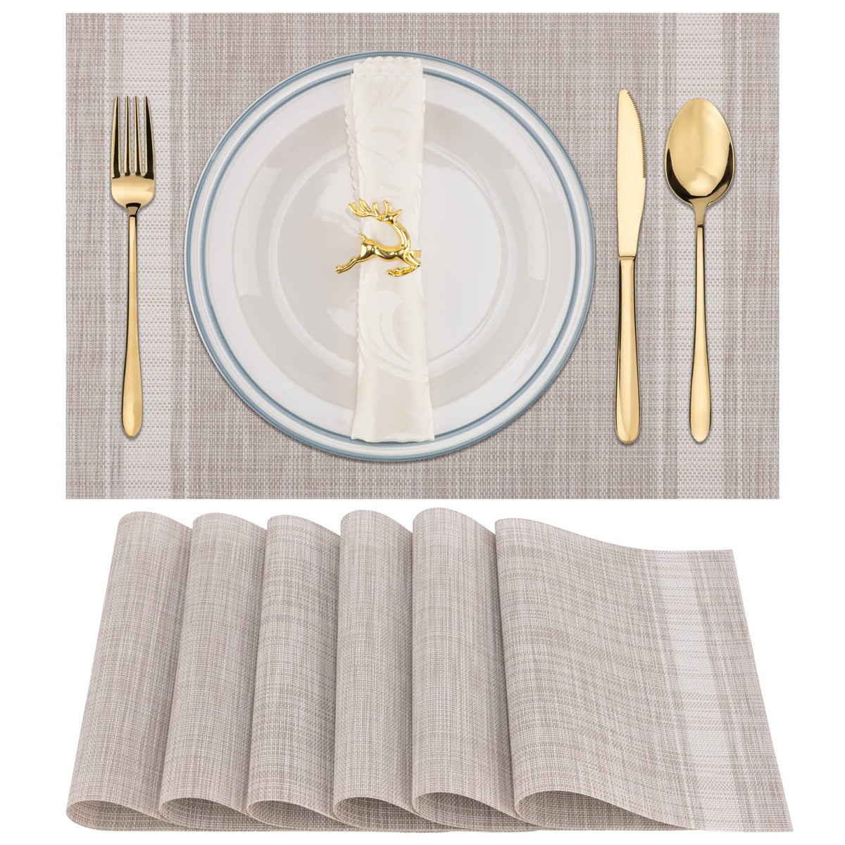 Winknowl Placemats Set of 8, Heat Resistant Non-Slip Vinyl Woven Table Mats for Dining Table, Washable Durable Elegant Place Mats for Kitchen Indoor/Outdoor Use (Beige Blue)