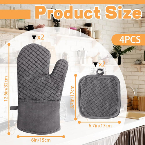 4 Pcs Oven Mitts and Pot Holders,High Heat 500°F Resistant Glove Potholder with Thick Cotton,Silicone Non-Slip Surface Long Kitchen Oven Glove for Cooking Baking Grilling(Grey)