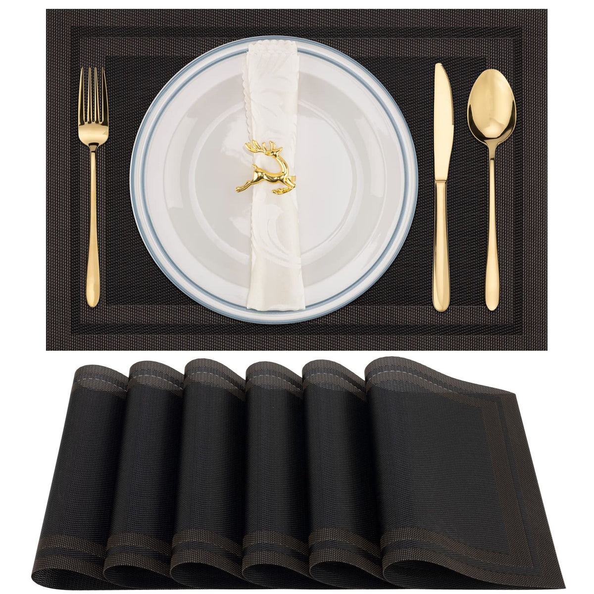 Winknowl Placemats Set of 4，Heat Resistant Woven Vinyl Washable PVC Place Mats，Non-Slip Stain Resistant Indoor/Outdoor Table Mats for Dining Table (Brown)