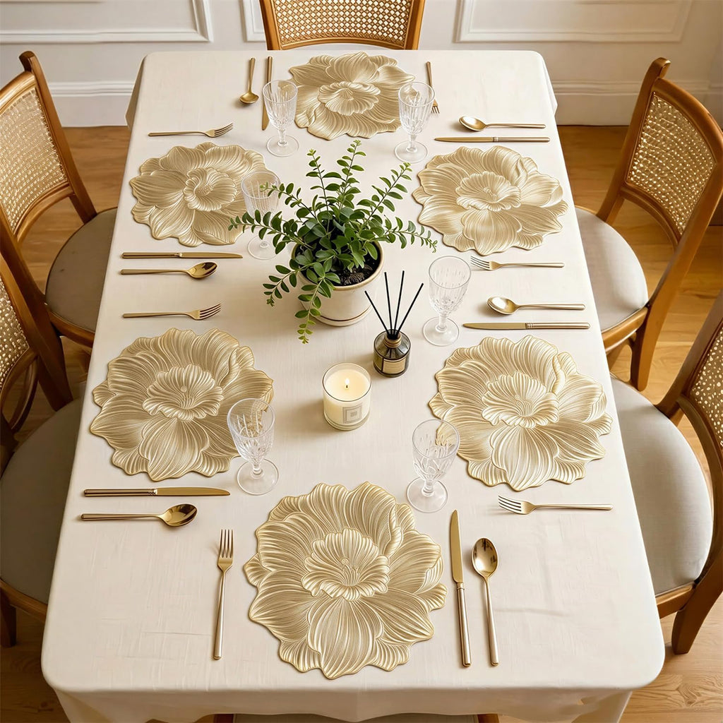Quantum Love Camellia Gold Round Placemats Set of 6, 15 Inch PVC 3D Metallic Flower Table Mats, Wipeable Waterproof Non Slip Heat Resistant Placemats for Wedding Party Christmas Dining Table Decor