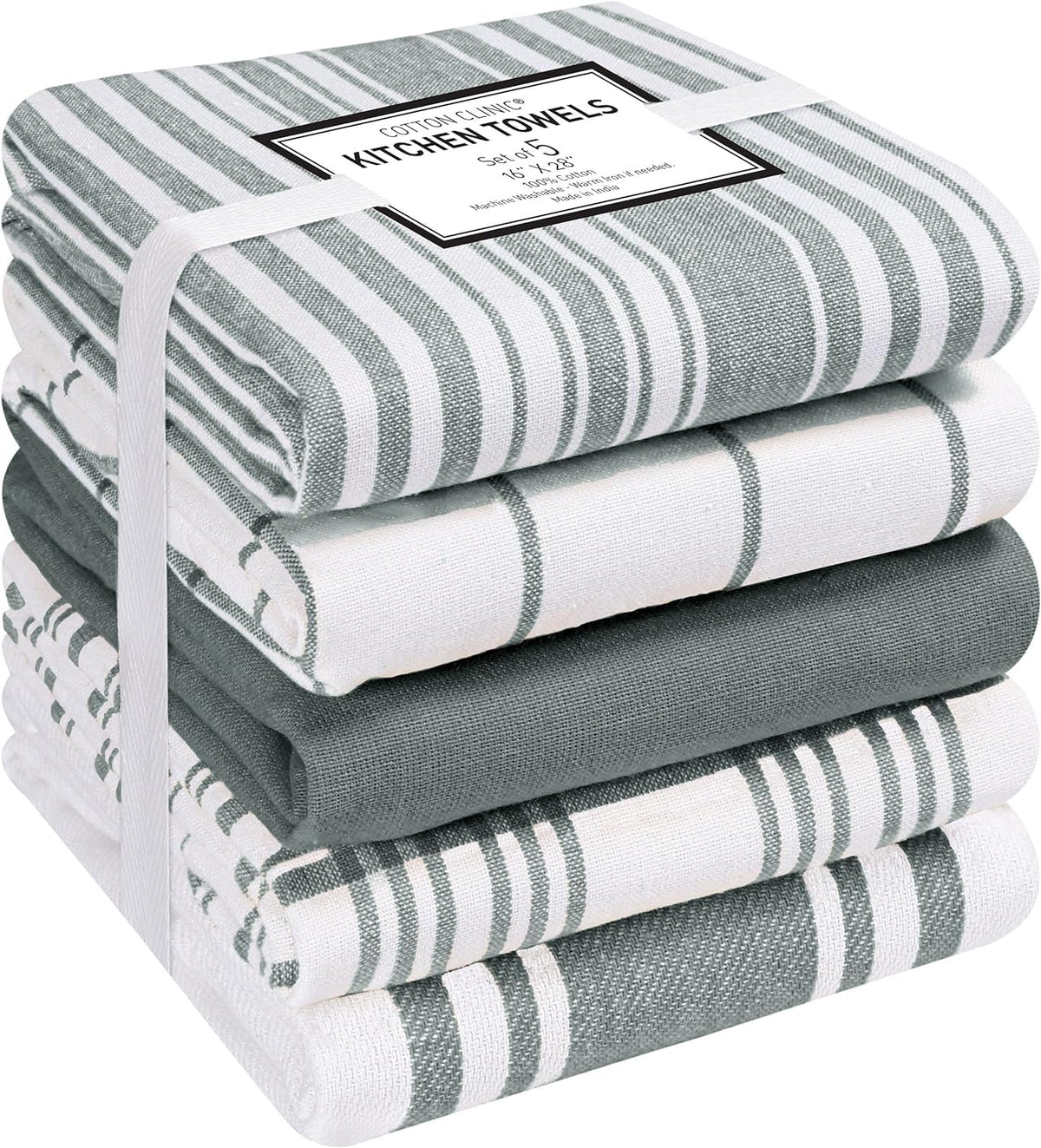 Cotton Clinic Assorted Kitchen Towels 5 Pack – Soft Absorbent Quick Drying Table & Kitchen Linen - Dish Towels, Dish Cloths, Tea Towels and Cleaning Towels with Hanging Loop – 16x28 / Grey White