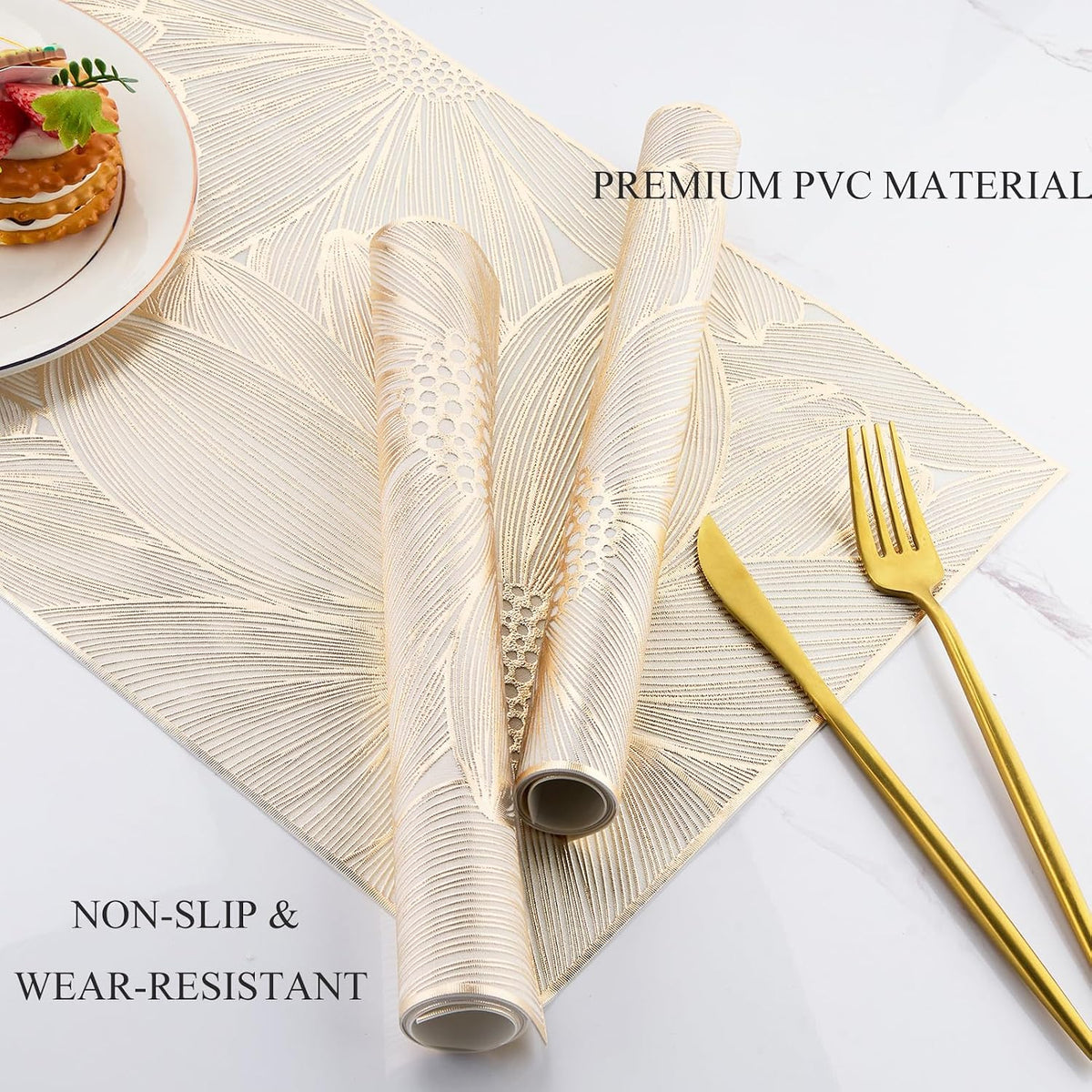 Gold Rectangle Placemats Set of 6 Daisy Vinyl Place Mats for Dining Tables