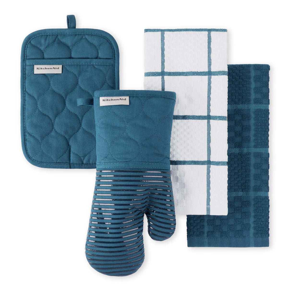 KITCHENAID Quilted Cotton Terry Cloth Oven Mitt, Pot Holder, Kitchen Towel 4-Pack Set, Heat Resistant, Silicone Grip, 16"x26", 7"x13" & 7"x10", Milkshake Tan