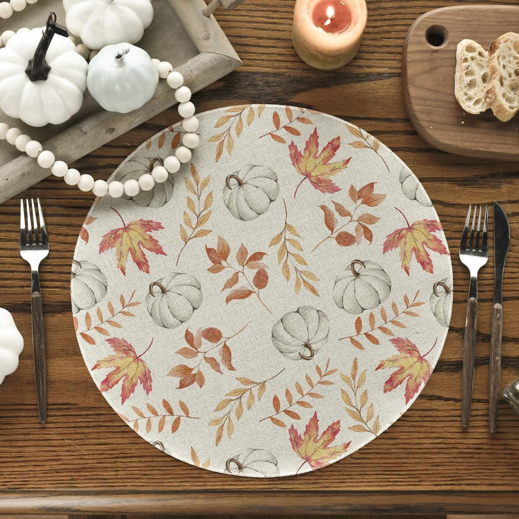 Artoid Mode Orange Pumpkins Fall Maple Leaves Round Fall Placemats Set of 4, 14 Inch Seasonal Autumn Round Table Mats for Dining Decoration