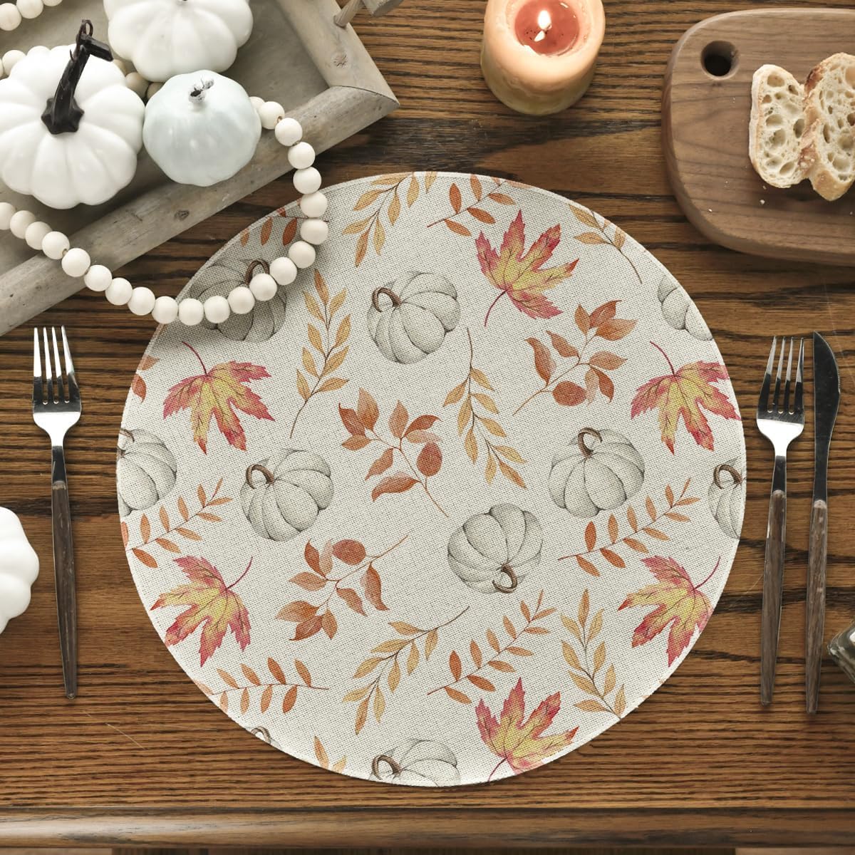 Artoid Mode Orange Pumpkins Fall Maple Leaves Round Fall Placemats Set of 4, 14 Inch Seasonal Autumn Round Table Mats for Dining Decoration