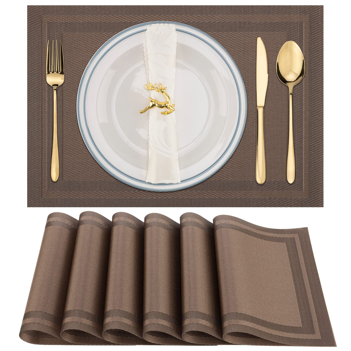 Winknowl Placemats Set of 4，Heat Resistant Woven Vinyl Washable PVC Place Mats，Non-Slip Stain Resistant Indoor/Outdoor Table Mats for Dining Table (Brown)