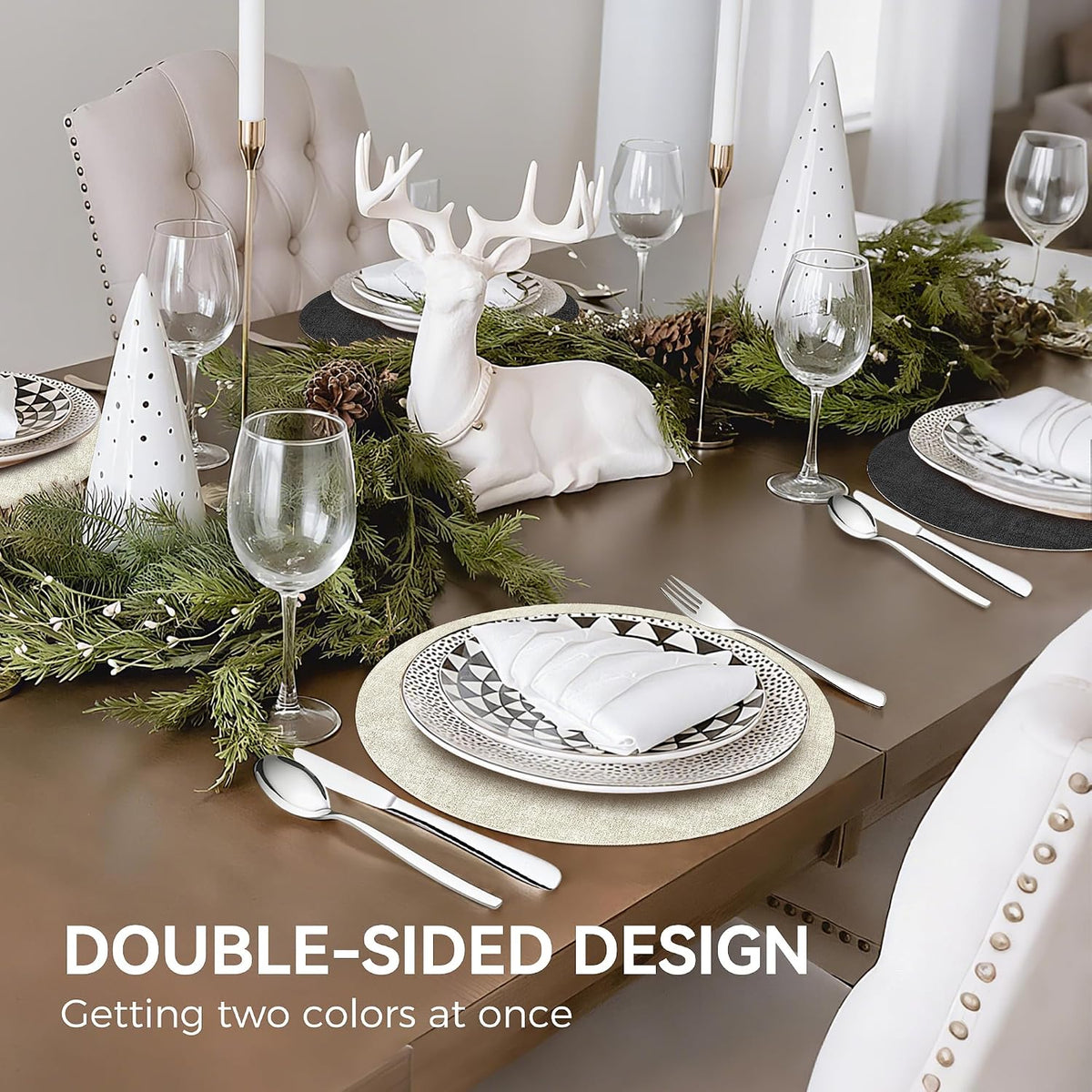 NCUE 13" Faux Leather Round Placemats Set of 6, Reversible Dual-Color