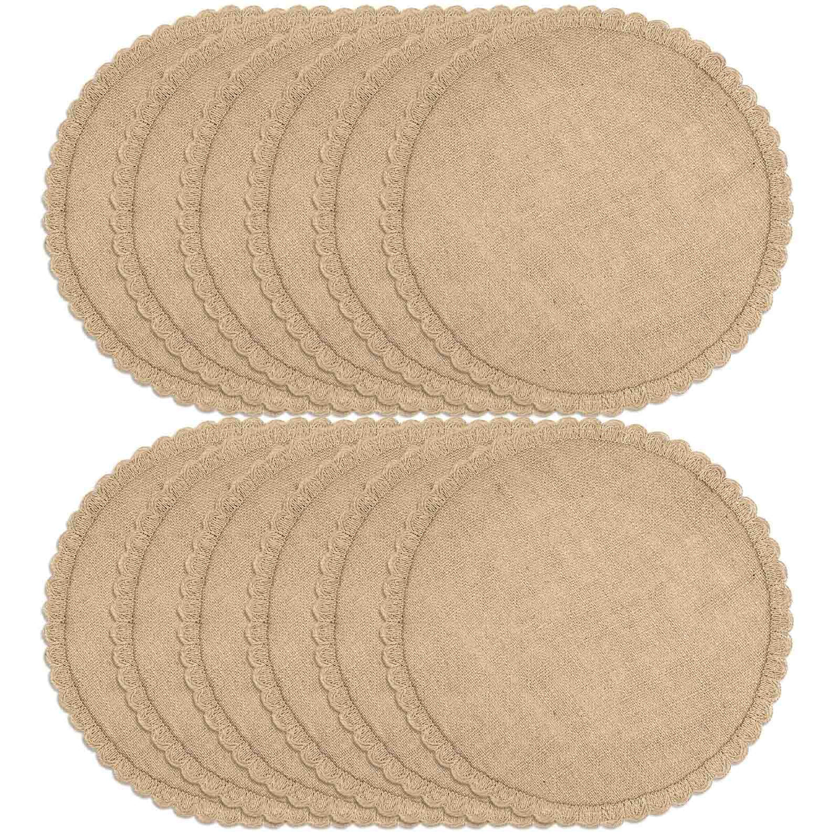 FunWheat Burlap Round Braided Placemats Set of 12 for Dining Tables 15 Inch Heat Resistant Jute Table Mats Farmhouse Woven Fabric Natural Place mats (Brown Jute Lace)
