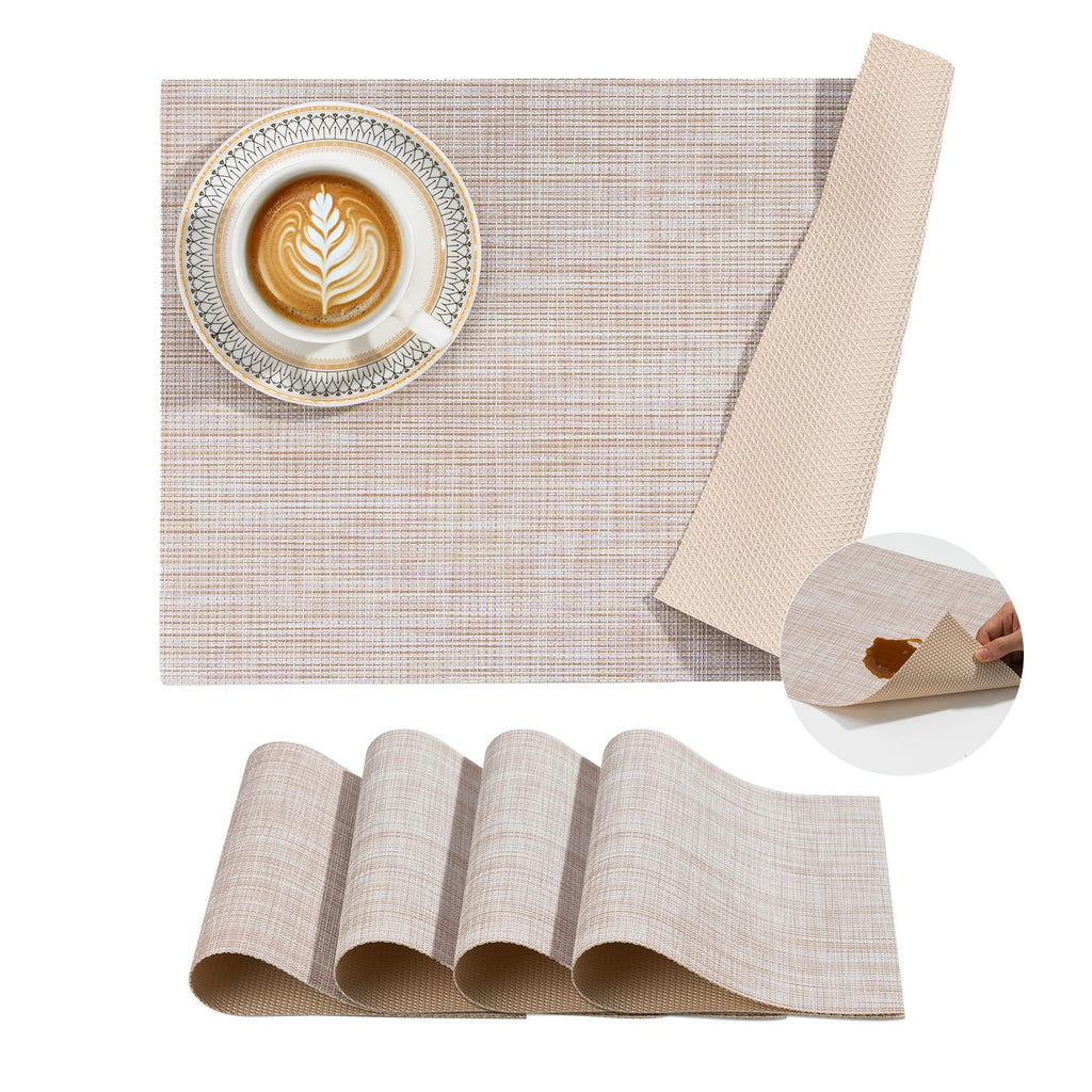 BACKTOEDEN Leakproof Placemats Set of 6, 2-Layer Waterproof placemat for No More Stains, Heat-Resistant Easy Clean Vinyl Table Place Mats for Kitchen Dining Indoor Outdoor, Beige