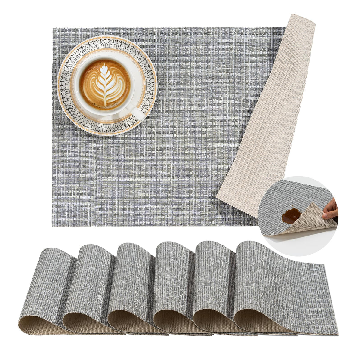 BACKTOEDEN Leakproof Placemats Set of 6, 2-Layer Waterproof placemat for No More Stains, Heat-Resistant Easy Clean Vinyl Table Place Mats for Kitchen Dining Indoor Outdoor, Beige