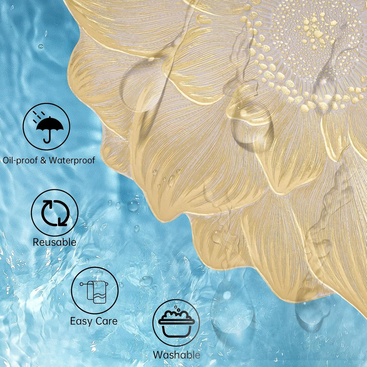 Gold Placemats Set of 6, Creative 3D Flower Placemats Waterproof Oil-Proof