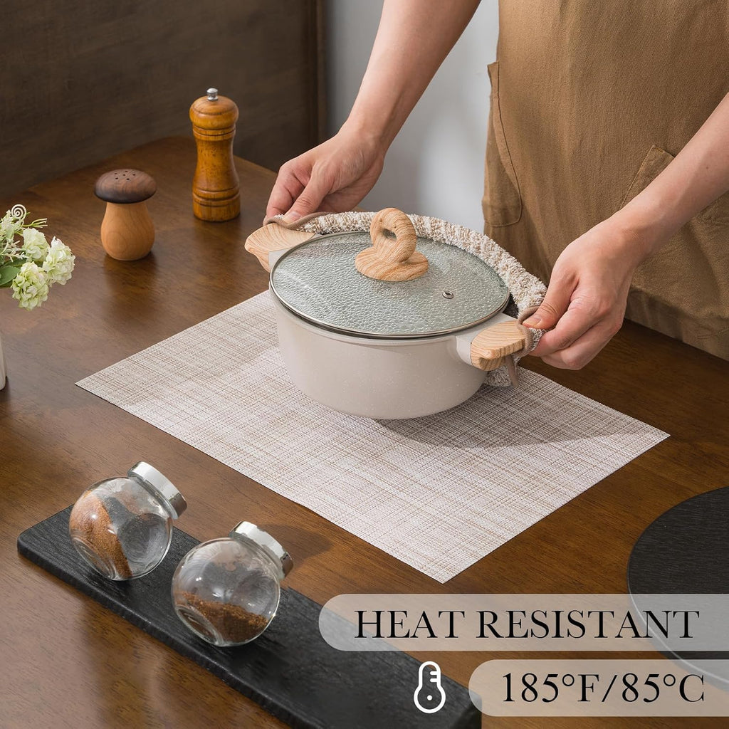 BACKTOEDEN Leakproof Placemats Set of 6, 2-Layer Waterproof placemat for No More Stains, Heat-Resistant Easy Clean Vinyl Table Place Mats for Kitchen Dining Indoor Outdoor, Beige
