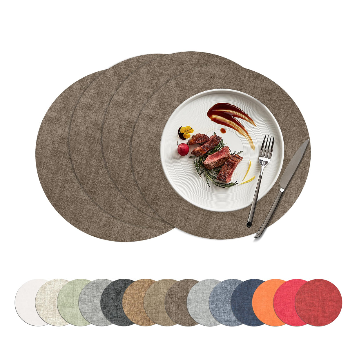 Placemats Set of 4, 15 Inch Round Faux Leather Place Mats