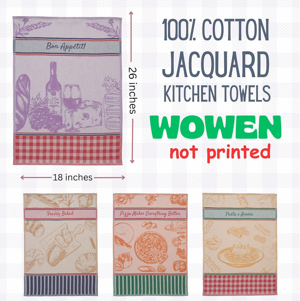 sea me at home 100% Cotton French Jacquard Kitchen Tea Towel Set of 4 - Italian & French Gourmet Kitchen Towels (Gourmet Moments)