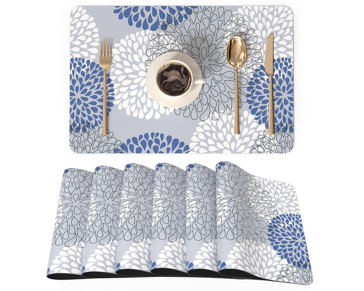 QIYI PU Leather Placemats Set of 6, 12"x18" Waterproof Table Mats, Dahlia